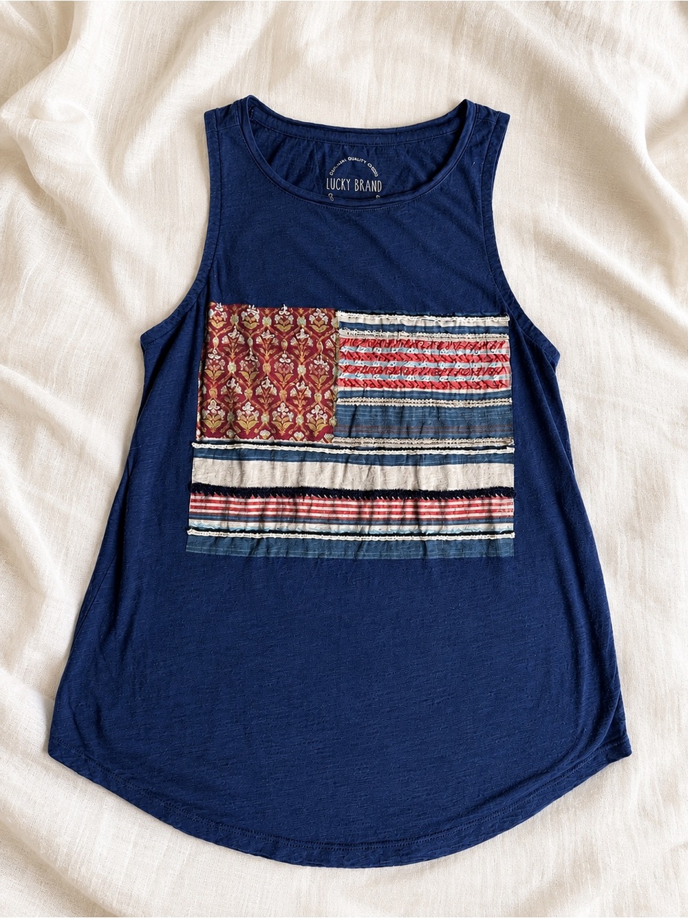 Lucky Brand Navy Patchwork Stripe Tank Top 100% Cotton